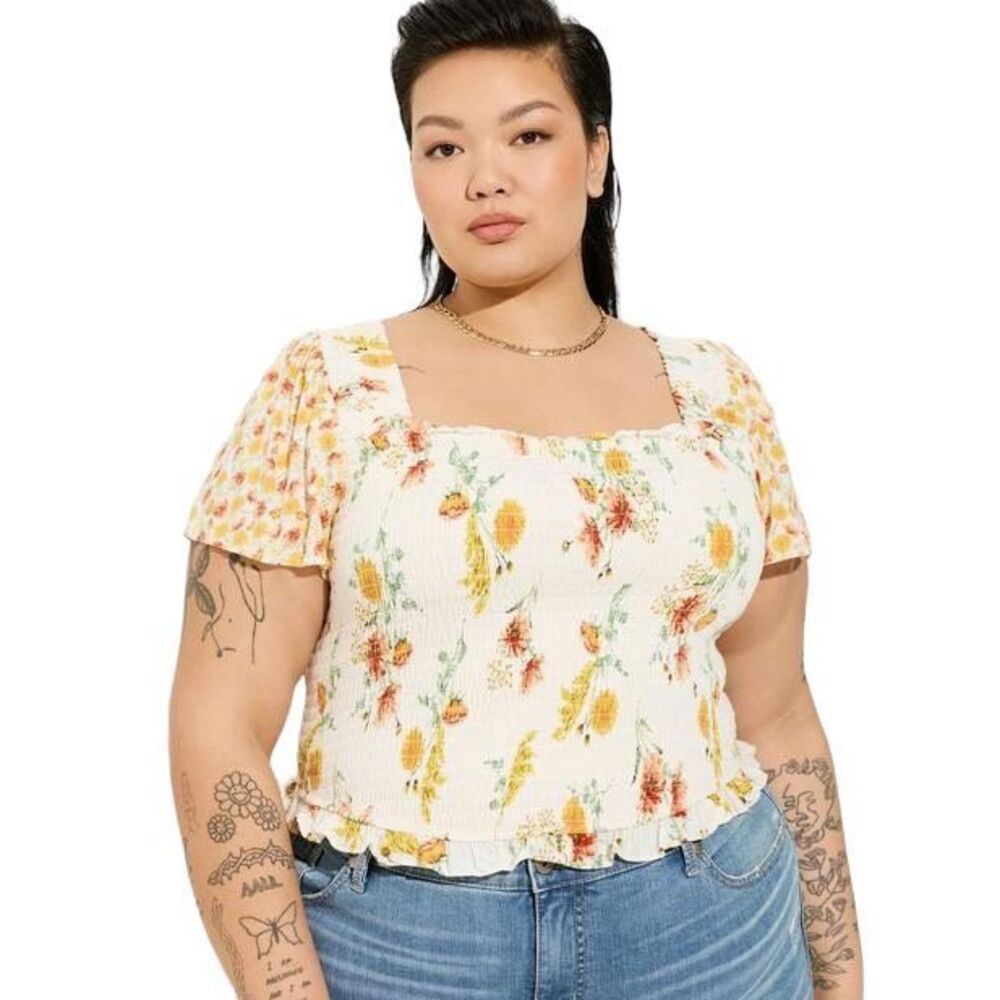Torrid Plus Size 4X Top Smocked Flutter Short Sleeve Crop Yellow Orange NWT 665